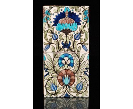 William de Morgan - Poole Architectural - Two 6in plastic clay tiles, framed as a panel and decorated in the Persian / Islami