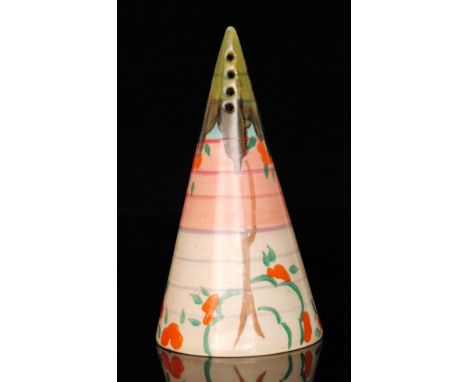 Clarice Cliff - Unknown - A conical sugar sifter circa 1936, hand painted with a stylised tree and floral landscape over a to