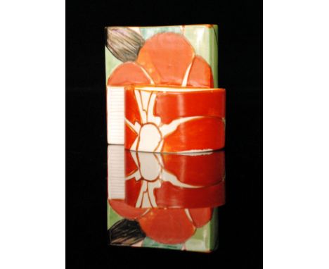 Clarice Cliff - Red Gardenia - A shape 463 match strike and cigarette holder circa 1931, hand painted with stylised flowers a