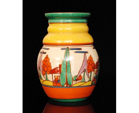 Clarice Cliff - Seven Colour Trees & House - A shape 358 vase circa 1930, hand painted with a stylised tree and cottage lands