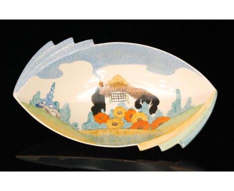 Clarice Cliff - Tralee - A shape 475 Daffodil bowl circa 1935, hand painted with a stylised thatched cottage and garden scene