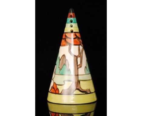 Clarice Cliff - Limberlost - A conical sugar sifter circa 1932, hand painted with a stylised tree and garden scene with black
