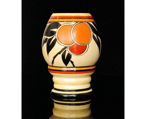 Clarice Cliff - Mango Cafe au Lait - A shape 362 vase circa 1931, hand painted with stylised fruit and foliage over a stipple