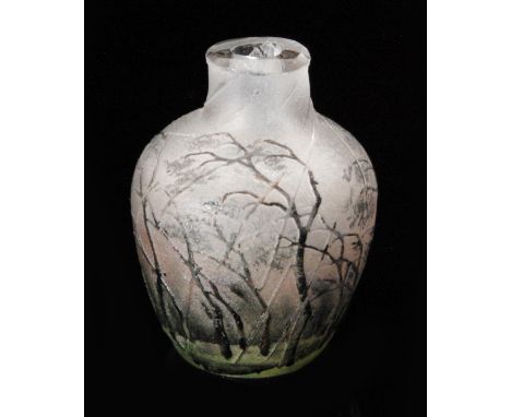 Daum - A miniature landscape cameo glass vase of ovoid form with collar neck decorated in the rain pattern with windswept woo