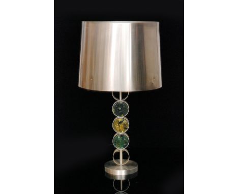 Unknown - A Continental stainless steel table lamp, with cylindrical shade and five revolving circular mounts to the base, th