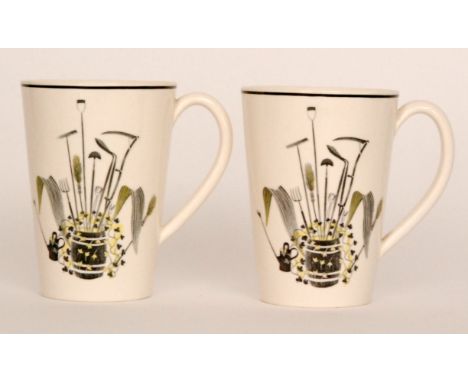 Eric Ravilious - Wedgwood - Garden Implements - Two lemonade mugs, each decorated with a barrel full of garden tools highligh