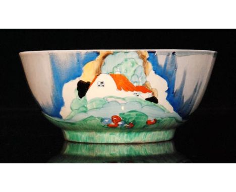 Clarice Cliff - Newlyn - A Havre shape circular footed bowl circa 1936, hand painted with a stylised cottage landscape below 