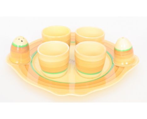 Clarice Cliff - Banded - An egg cup set circa 1937, comprising fitted Leda plate with integral salt and pepper and four egg c