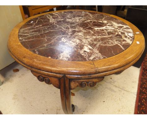 A Chinese rosewood framed occasional table, the Rosso marble top within a plain frame on four scroll supports, within cloud s