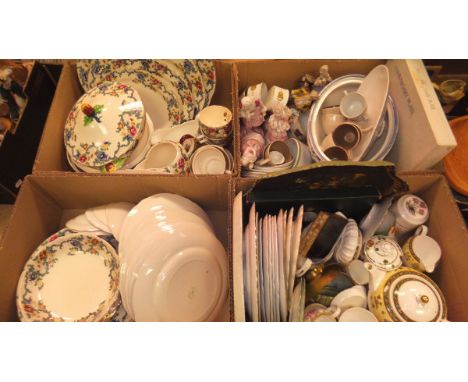 Two boxes of assorted sundry china, to include various Continental figurines, Poole twin-tone tea wares, various floral decor