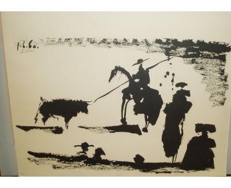 AFTER PABLO PICASSO "Bullfight with Bull and Picador", black and white print, signed and dated "1.6.60" within the print, lim