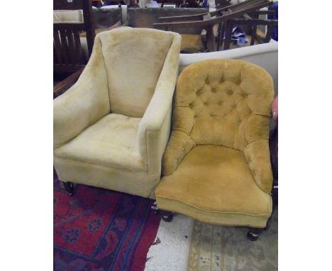 A Victorian button back nursing chair with gold upholstery and ringed and turned legs together with a 19th Century cream upho