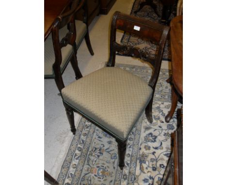 A set of six (four plus two) Regency mahogany dining chairs with light sage green plush upholstered seats to turned legs COND