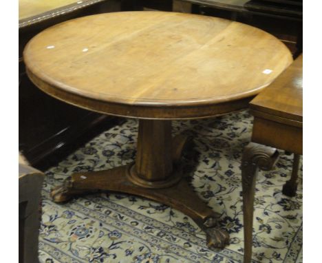 A Victorian mahogany breakfast table with faceted column to tripod base, raised on paw feet