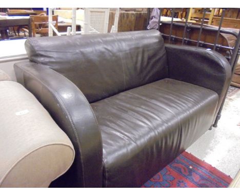 A modern brown leather two seat sofa, together with a modern painted metal bedstead