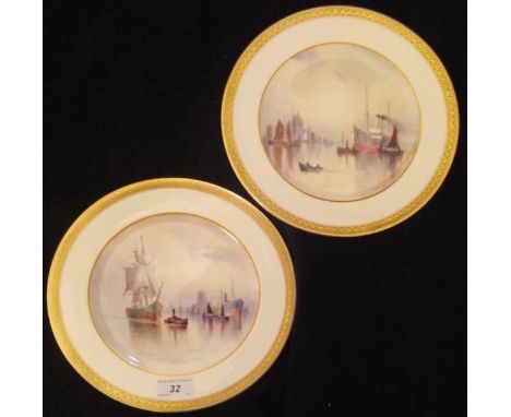 A pair of Cauldon Ltd hand-painted cabinet plates by W E J Dean 1912 depicting shipping in an estuary for Burleigh & Co. of C