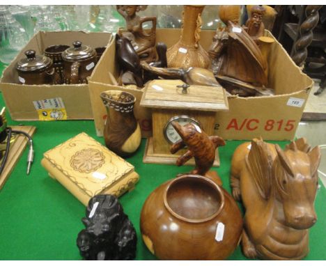 A box of and various other treen ware including turned yew wood bowl by M Trainos, burr cedar dolphin figure, laburnum balust