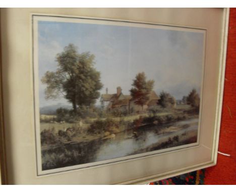 Two boxes of pictures to include 19TH CENTURY ENGLISH SCHOOL "Figure in boat approaching shore with cattle in river to the ba