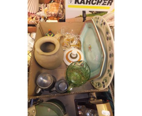 A box containing various china and glass ware to include an Emma Bridgwater serving platter with olive decoration, together w