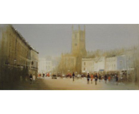 ANTHONY KLITZ "Cirencester Market Place with figures and church rising in the background", oil on canvas, signed lower right 