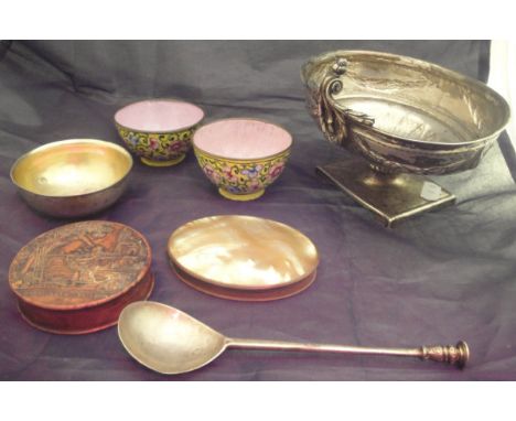 A Continental white metal bowl with embossed swag and ribbon decoration, raised on a square rectangular foot, bears initials 