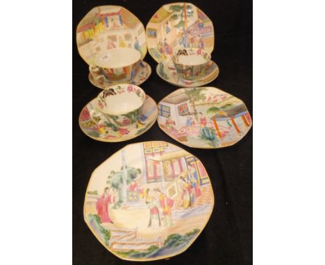 A collection of early 19th Century Chinese famille-rose porcelain wares including four octagonal plates, each decorated with 