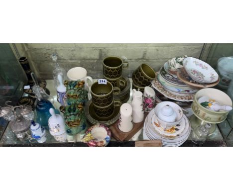 SHEF OF MISCELLANEOUS POTTERY AND GLASS INCLUDING DOGS OF FO, DECORATIVE GLASS AND CERAMIC BELLS, CONDIMENT SET, ETC