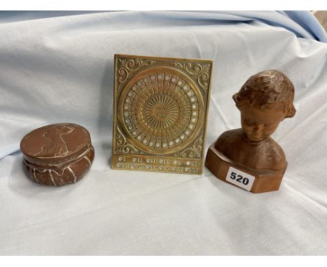 SMALL CARVED BUST OF A CHILD, COPPER PORTRAIT HEADED BOX AND A REPRODUCTION BRASS CALENDAR