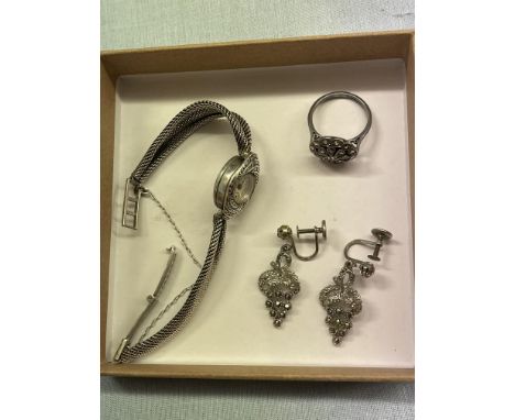 STERLING SILVER MARCASITE COCKTAIL WATCH, MARCASITE CLUSTER DRESS RING AND SCREW BACK EARRINGS 