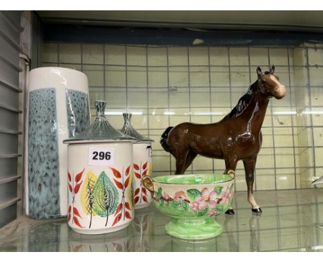 BESWICK GLOSS HORSE MALING LUSTRE BOWL, TWO ARTHUR WOODS STORAGE CANISTERS AND RETRO VASE