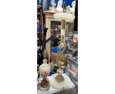 ONYX AND BRASS DOLPHIN SMOKER'S STAND, BALUSTER TWIN HANDLED TABLE LAMP AND ALABASTER LAMP