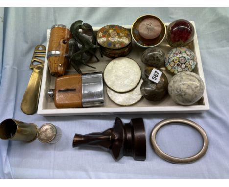 TRAY CONTAINING PAPERWEIGHTS, METALWORK DUCK, POLISHED FOSSIL AND HIP FLASK (TRAY NOT INCLUDED)