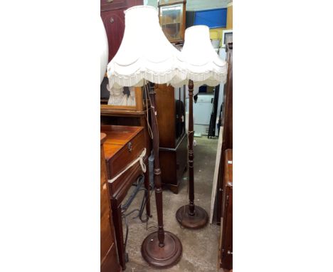 TWO BEECH TURNED LAMP STANDARDS WITH SHADES 
