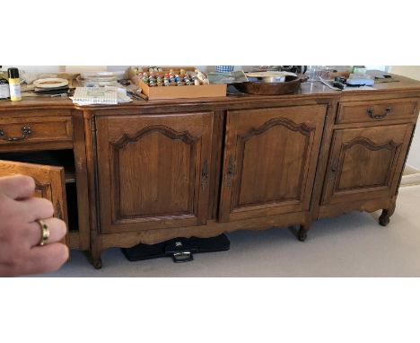 19TH CENTURY FRENCH PROVINCIAL SERPENTINE LONG SIDEBOARD WITH ARCHED FIELDED MOULDED PANEL DOORS ON SCROLL FEET HEIGHT 100CM,