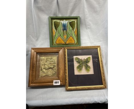 GILDED PANEL ST GEORGE AND THE DRAGON FRAMED, ART NOUVEAU STYLE TILE AND A STAINED GLASS BUTTERFLY TILE