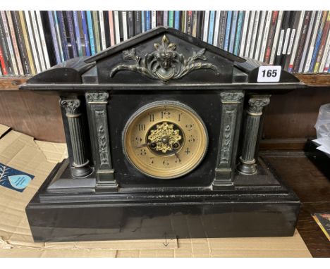 19TH CENTURY BLACK SLATE ARCHITECTURAL MANTEL CLOCK WITH VERDI GRIS METAL MOUNTS 45CM W X 35CM H APPROX