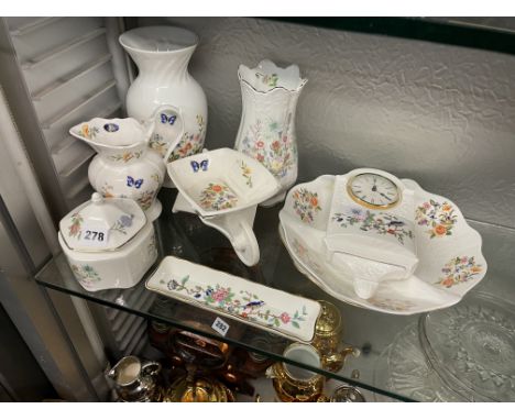 SELECTION OF AYNSLEY PEMBROKE GARDEN PATTERN CERAMICS INCLUDING VASES, WHEELBARROW, MANTEL CLOCK