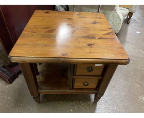 HONEY PINE SQUARE SECTION LAMP TABLE FITTED WITH TWO DRAWERS