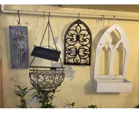 IRONWORK FLEUR DE LYS LANCET PANEL, WIREWORK HANGING BASKET, PAINTED LANCET SHAPED WINDOW BOX AND A STONE FLORAL PANEL