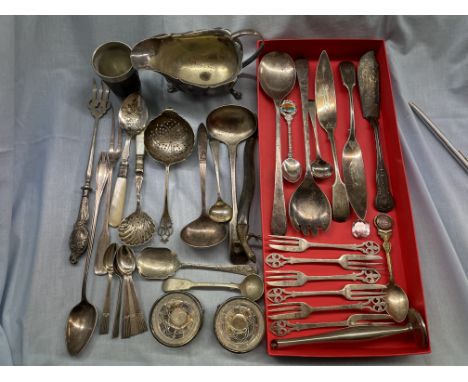 TRAY OF ASSORTED PLATED CUTLERY, EPNS SAUCE BOAT, PAIR OF GLASS LINED TABLE SALTS, LIZARD END PAPER KNIFE, SILVER HANDLED PIC