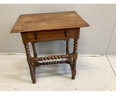 An 18th century oak bobbin leg side table, width 68cm, depth 46cm, height 72cm