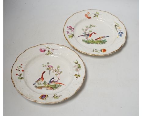 A pair of Nantgarw porcelain plates, hand painted with birds and flowers, 22cm in diameter Each plate with a long crack, prof