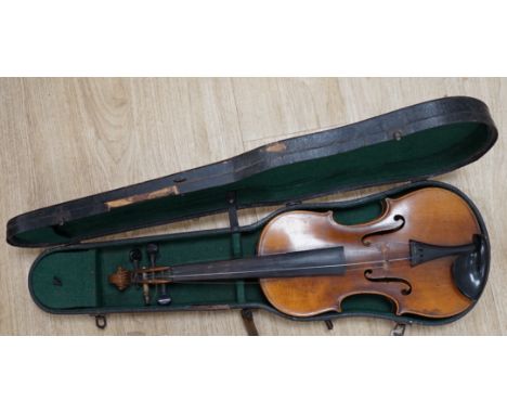 A cased early 20th century violin, length of body, 35.5cm, without bow