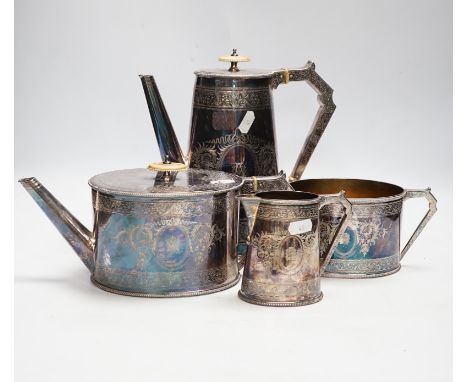 A late Victorian Elkington &amp; Co silver plated four piece oval tea and coffee service, Elkington date letter for 1882, cof
