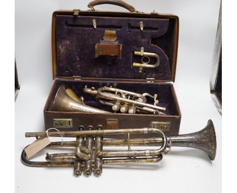 A cased Hawkes &amp; Son cornet, bell engraved with ‘Excelsior Soncrous Class A’ and an ‘American Standard High Grade’ trumpe