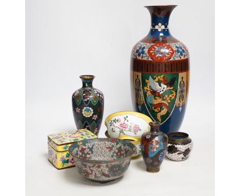 Four Japanese cloisonné enamel vases and a similar bowl and two Canton enamel bowls and similar box and cover, tallest 30cm h