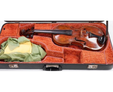 A cased 19th century German viola, length of body 39cm, in a good double case incorporating space for violin, without bow