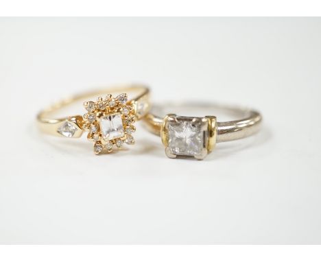A modern two colour 18ct gold and solitaire princess cut diamond set ring, size K/L and one other modern 18ct gold and diamon