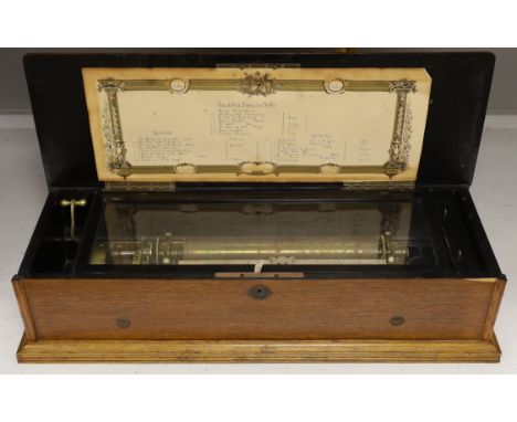 A late 19th century Swiss musical box with 92 tooth comb (one tooth broken and missing), with eight tune 13 inch cylinder and