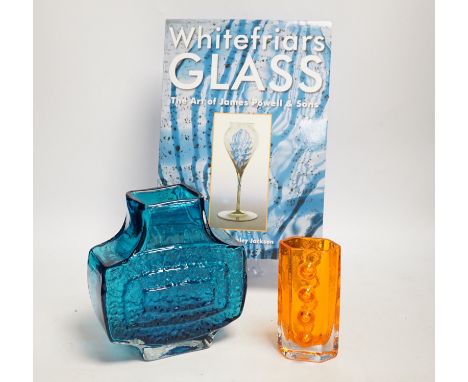 A Whitefriars kingfisher blue TV vase and tangerine Traffic Light vase and related reference book, kingfisher vase 16cm wide,